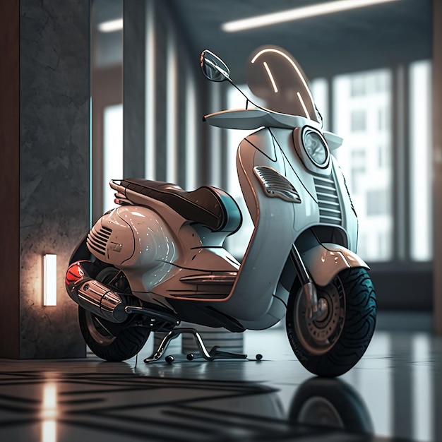 A scooter is in a dark room with a light on the wall.