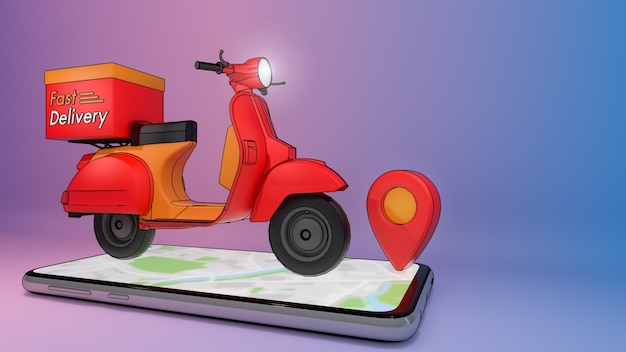 Scooter sul telefono cellulare con punto rosso., concetto di servizio di consegna veloce e acquisto in linea., illustrazione 3d con tracciato di ritaglio oggetto.