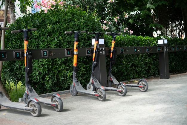 A scooter rental in the city street, alternative transport vehicle