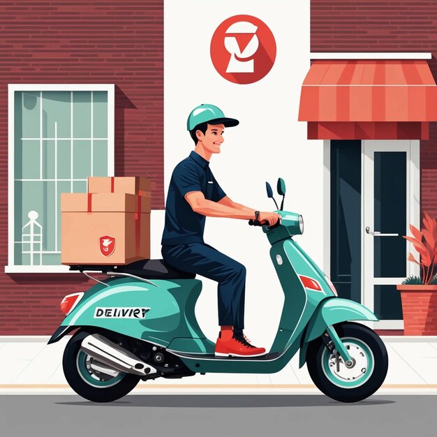 Photo scooter with delivery man flat cartoon character