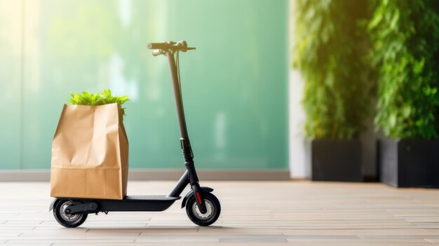 Scooter with paper bag and vegetables indoor