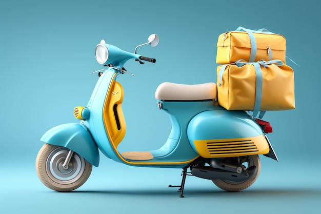 A scooter with a yellow and blue color that says pizza on it.