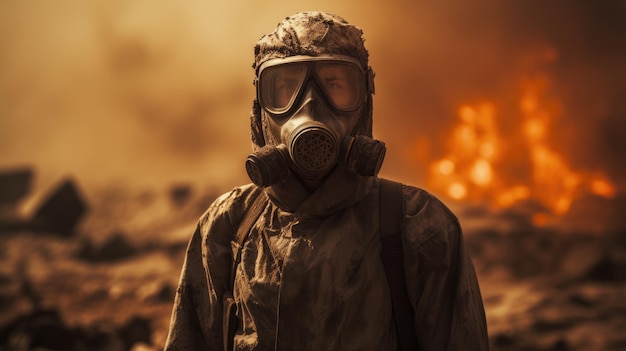 Scorched earth after the end of the world man in a mask and protective suit