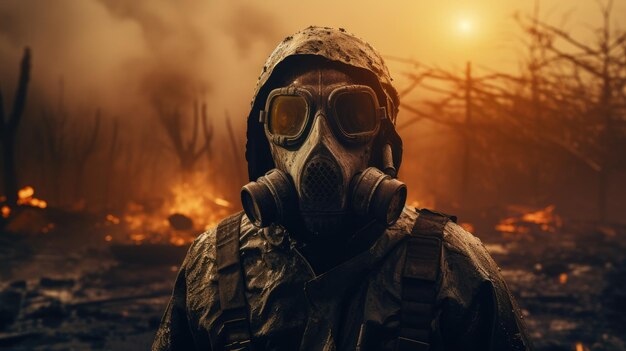 Scorched earth after the end of the world man in a mask and protective suit