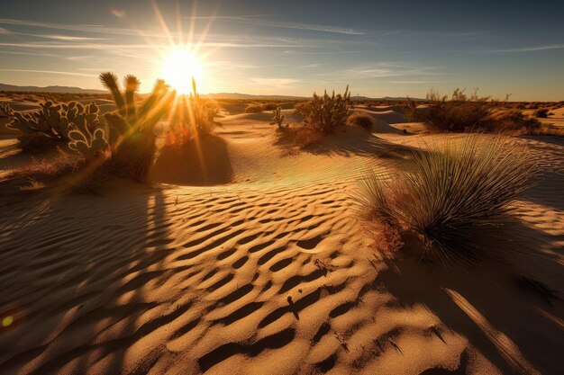 Scorching desert sun on dunes cacti and intense heat generative IA