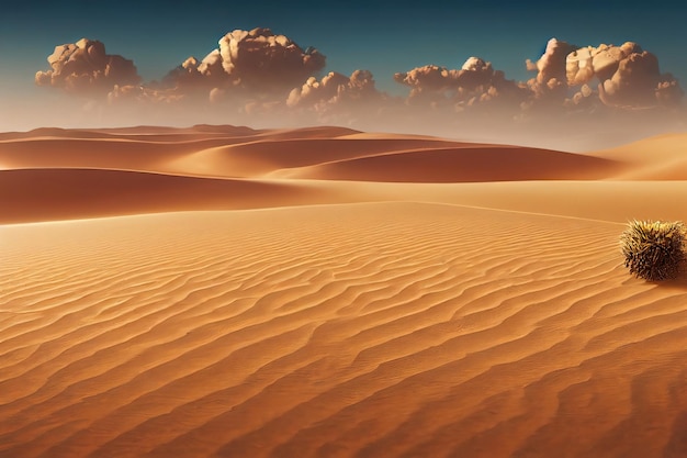 The scorching sun of the desert and hot yellow sand under the blue sky