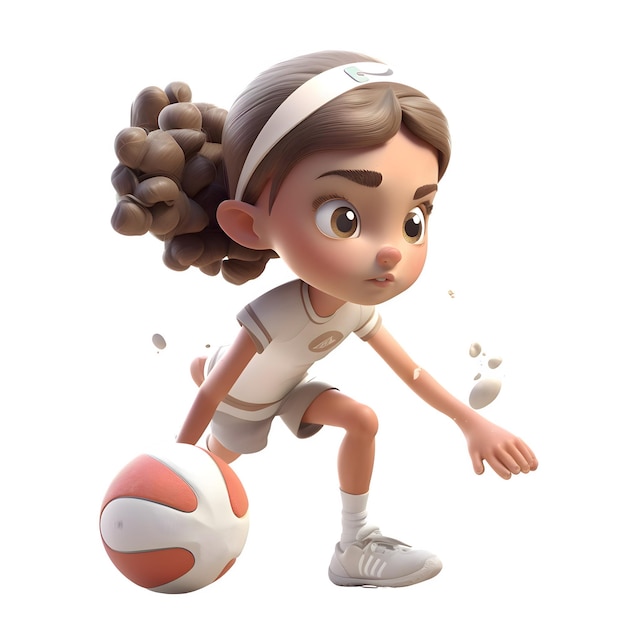 白い背景に分離された 3 D のかわいい女の子のバスケット ボール選手で大きなスコアを獲得します。