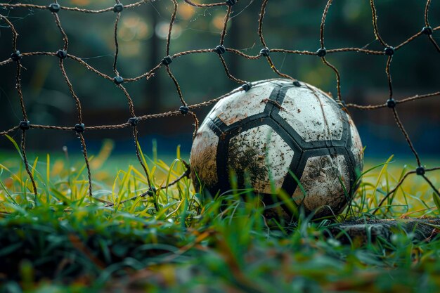 Photo score a goal soccer ball in net on lush green field