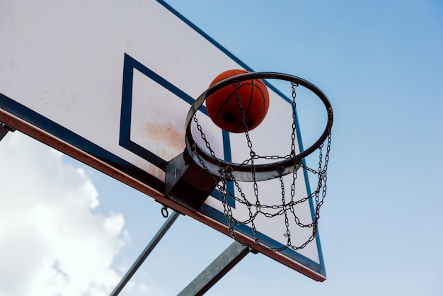 Scoring winning points at basketball game ball flies through basket