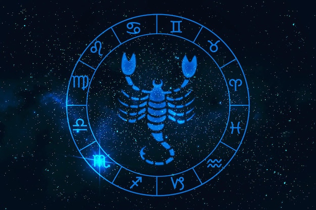 Scorpio horoscope sign in twelve zodiac with galaxy stars background graphic of polygon man thinking