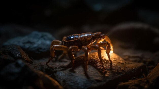 A scorpion is lit up by a light on a rock.