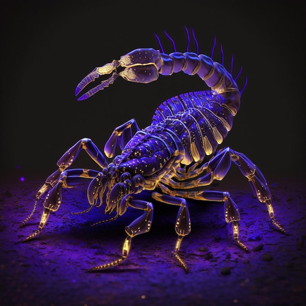 A scorpion is lit up in purple and blue.