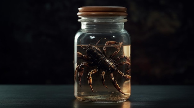 A scorpion in a jar is shown with a dark background.