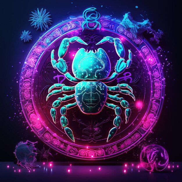 Foto scorpione scorpione ruota zodiacale segno stellare ologramma futuristico luce di neon cibernetico digitale translucido