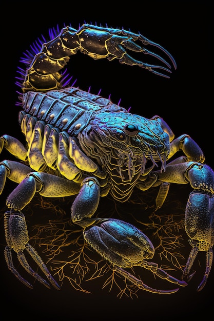 A scorpion with a black background and the word scorpion on it