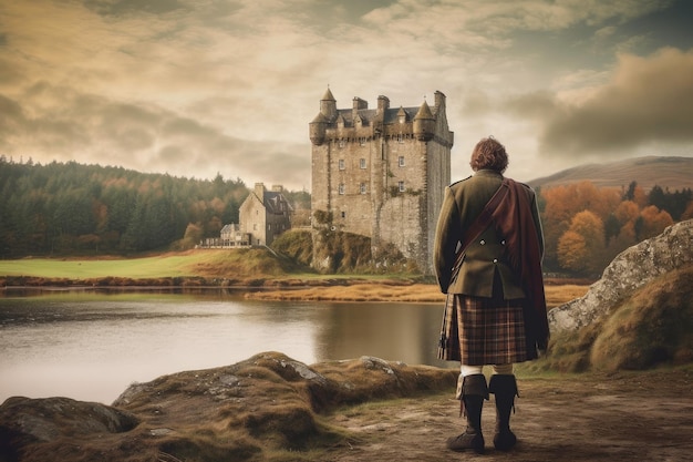 Scot man near lake scottish castle Generate Ai