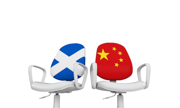 스코틀랜드와 중국 비즈니스 의자 국제 관계 개념 3D 렌더링