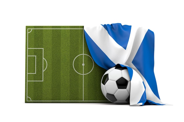 Scotland country flag draped over a football soccer pitch and ball 3D Rendering