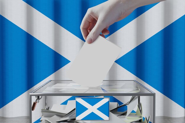 Scotland flag hand dropping ballot card into a box voting election concept 3d illustration