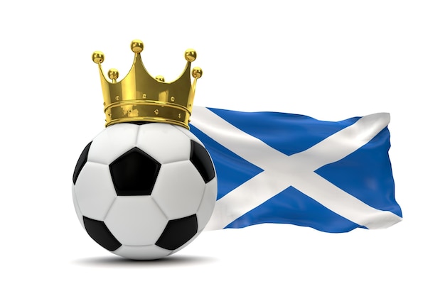 Scotland flag and soccer ball with gold crown 3D Rendering