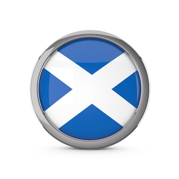 크롬 프레임 3D 렌더링이 있는 광택 있는 원 모양의 스코틀랜드 국기