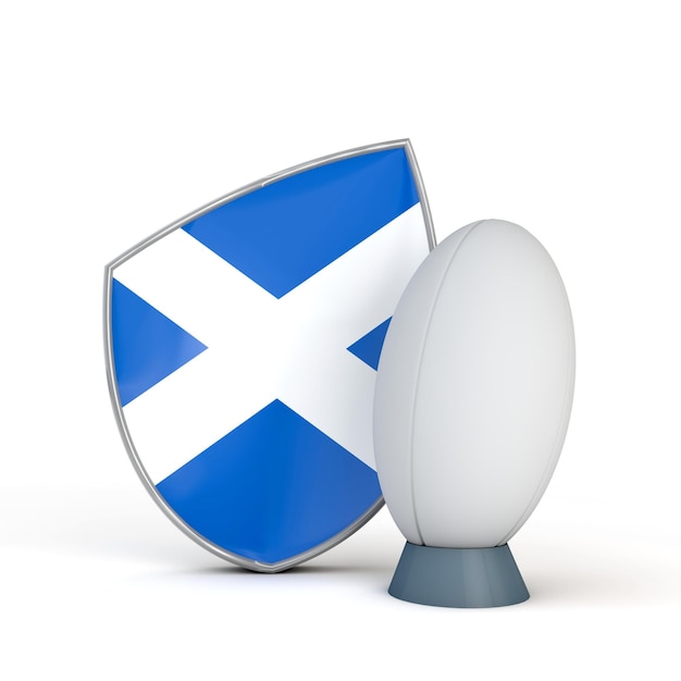 Scotland rugby shield flag icon with rugby ball 3D Render