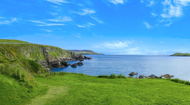 Scotland Shetland scenery in England with cliffs ocean views and green pastures