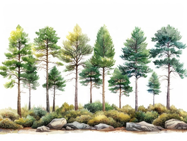 Scots Pine Modern Illustrations of Trees on White Background Generative AI