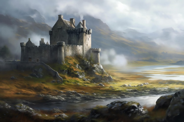 Scottish castle standing majestically against the mist