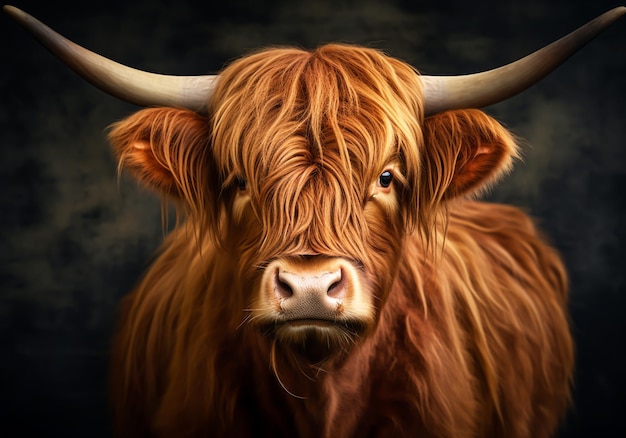 Scottish cow portrait on dark background AI generated