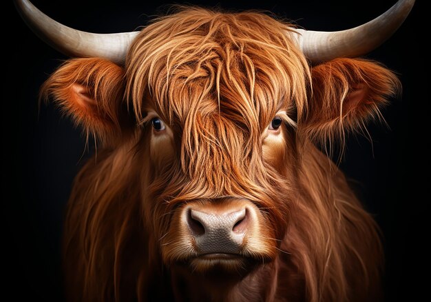 Scottish cow portrait on dark background AI generated