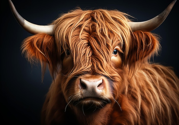 Scottish cow portrait on dark background AI generated