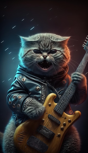 Scottish Fold-kat die gitaar speelt en zingt Fantastische kunst-realistische Ai-generatie