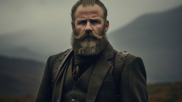 Scottish man in clan kilt standing on misty moors