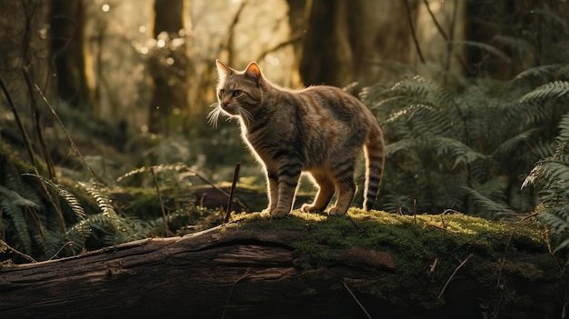 스코틀랜드 직선 고양이가 나무를 탐색합니다. 온화한 고양이 모험의 모습