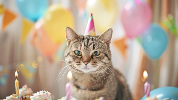 생일 파티에서 스코틀랜드 태비 고양이