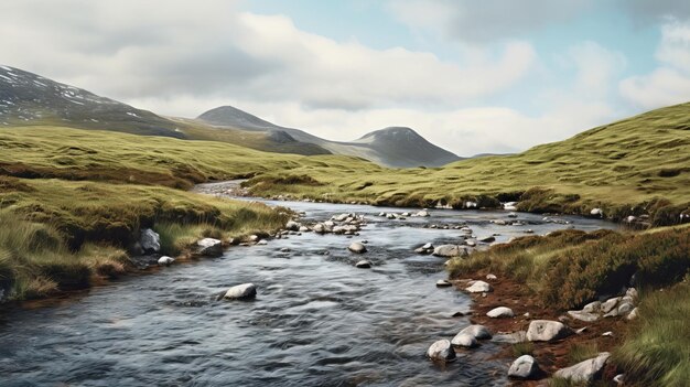 Scottishinspired Landscape With River And Mountains