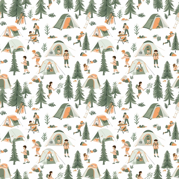 Scout camping scenes seamless pattern Gift wrapping background National Boy Scout Day