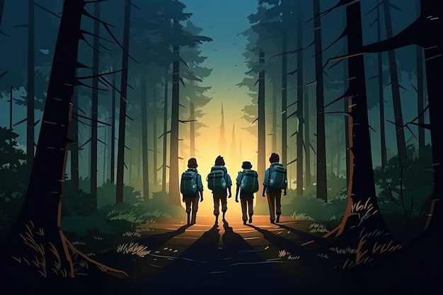 Scouts lopen in het bos.