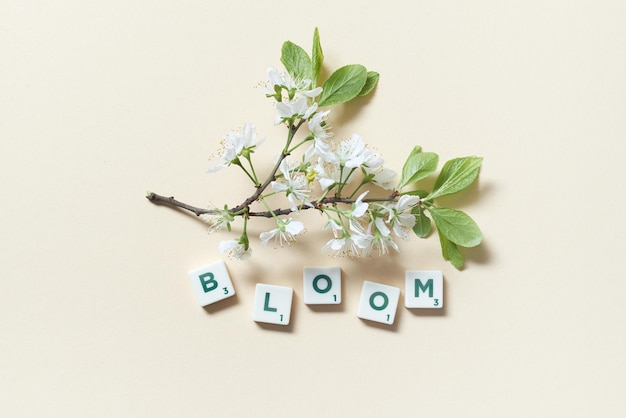 Scrabble tiles with spring bloom on beige background