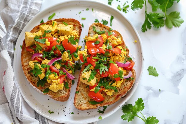 Photo scrambled egg served with bread