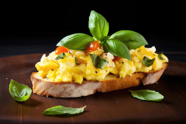 Scrambled eggs on italian bruschetta with a leaf of basil for color contrast