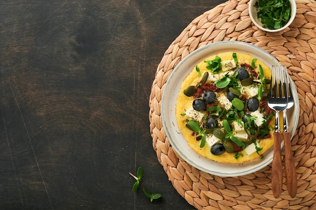 Scrambled eggs light fluffy and buttery scrambled eggs with
feta cheese sundried tomatoes and black olives on plate over old
dark wooden rustic background delicious breakfast top view flat
lay