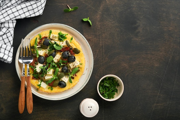 Scrambled eggs Light Fluffy and Buttery Scrambled Eggs with feta cheese sundried tomatoes and black olives on plate over old dark wooden rustic background Delicious breakfast Top view flat lay