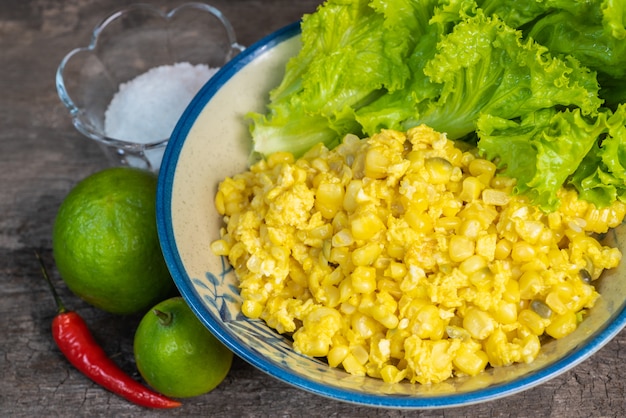 Scrambled eggs rustic style with sweet corn.Thai food style.