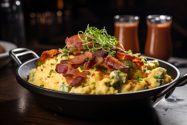 Scrambled eggs served with bacon and green