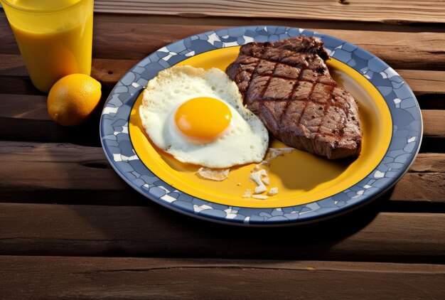 Scrambled eggs and steak on a plate