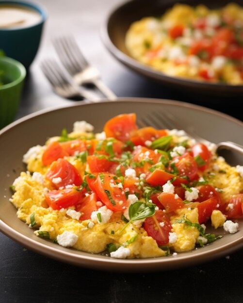 Scrambled eggs take a Greekinspired turn as they are combined with tangy crumbled feta cheese juicy diced tomatoes and a sprinkle of freshly chopped oregano creating a Mediterranean breakfast