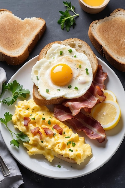 Premium Photo | Scrambled eggs with bacon and buttered toast