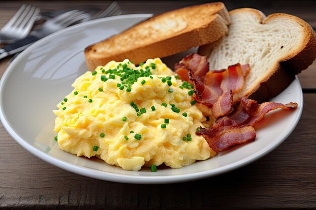 Premium Photo | Scrambled eggs with bacon and buttered toast